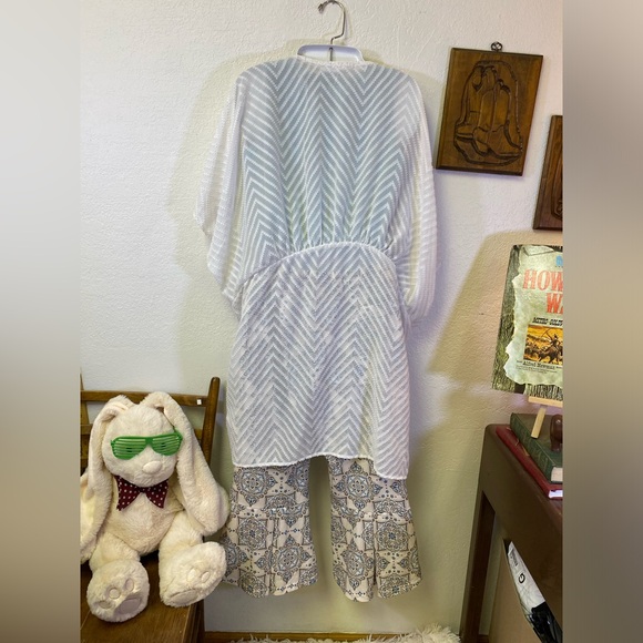 Boho Hippie Outfit Gaucho High Waist Bell Crop Pant Crop Top & Sheer Coverup S/M - Picture 4 of 16